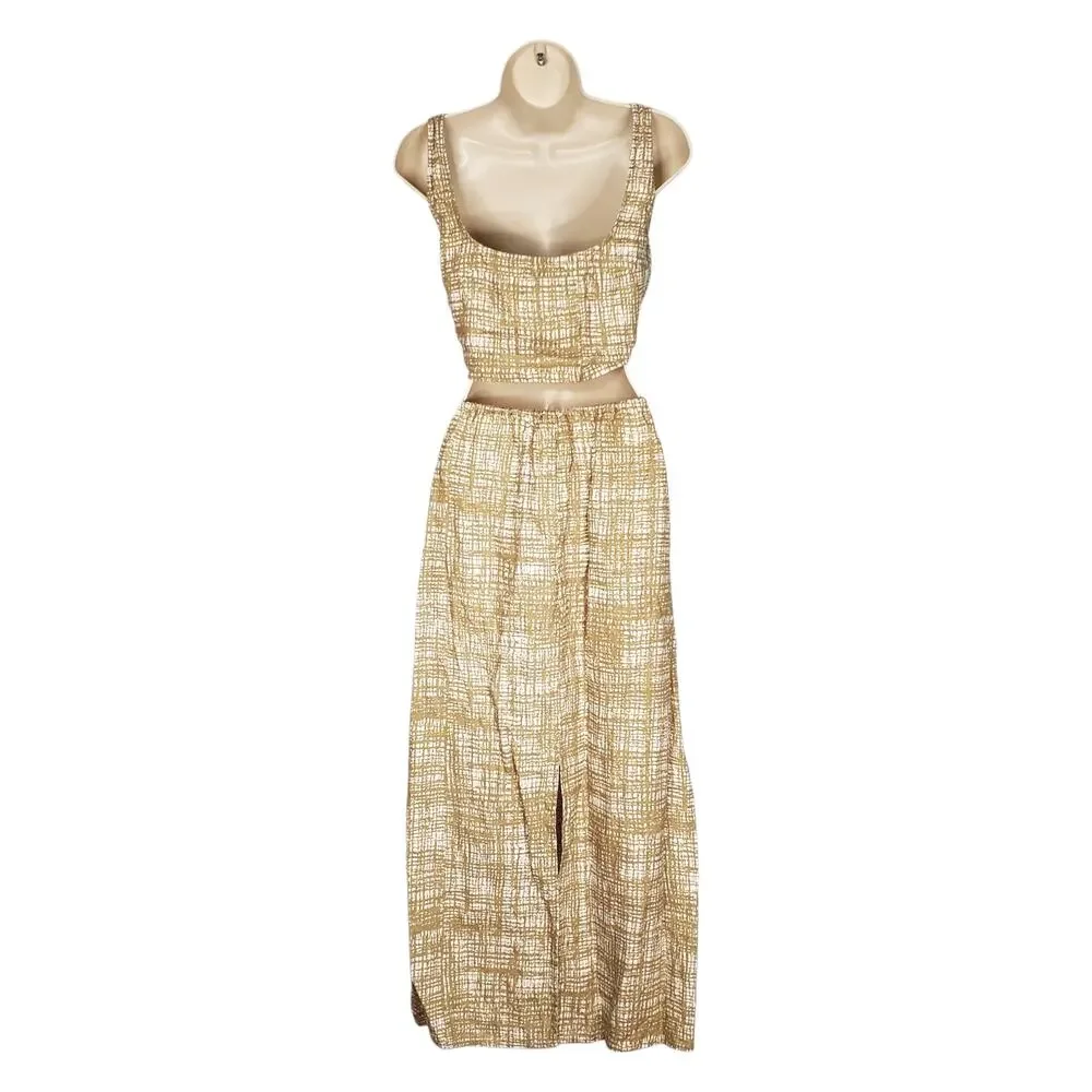 Reformation Amir Two Piece Skirt Set Tan Beige 100% Linen Back Slit Size Medium